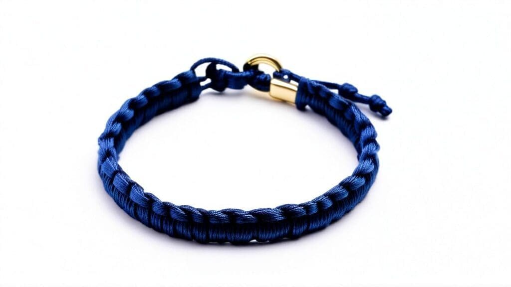 Simple blue braided thread bracelet with a gold clasp, ideal for beginner DIY jewelry projects.