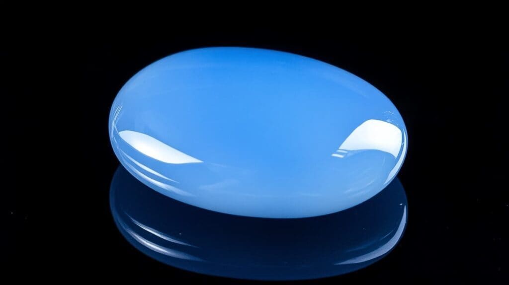 Close-up of a polished blue chalcedony gemstone with a smooth, glossy surface, set against a black background.