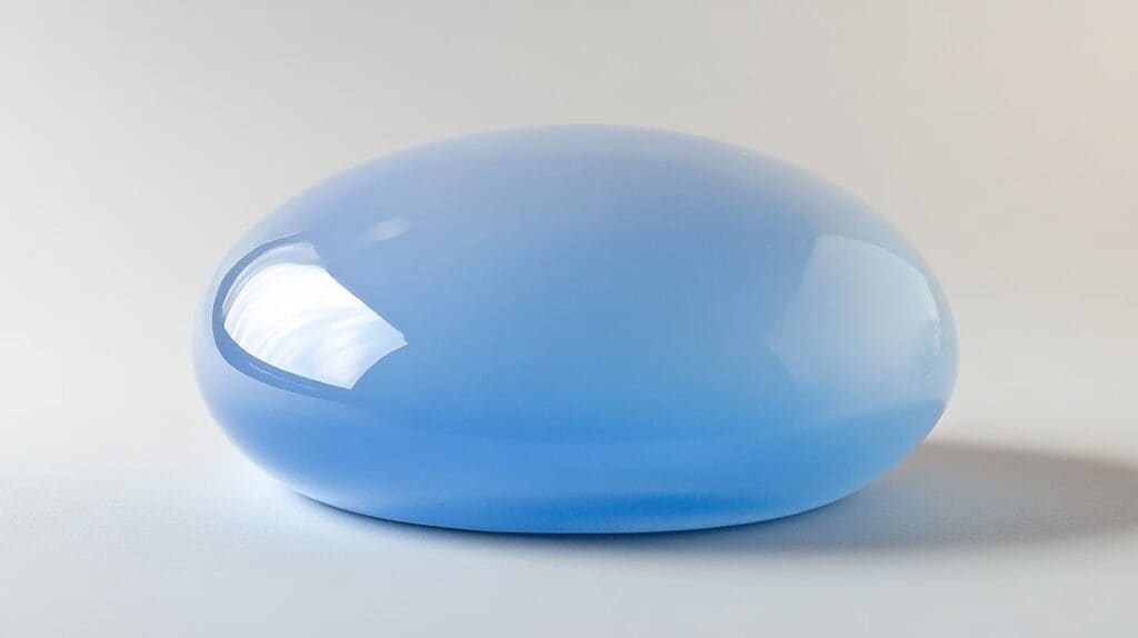 Polished blue chalcedony gemstone with a smooth, reflective surface, displayed on a white background.