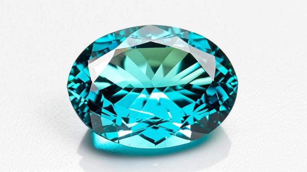 Oval-cut blue-coated topaz gemstone with a brilliant reflective surface, placed on a white background.