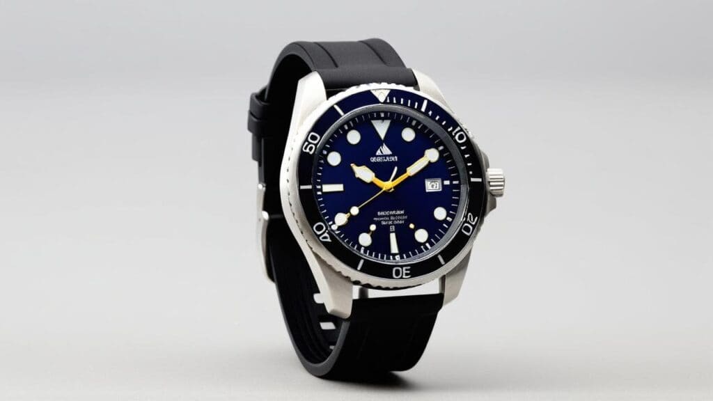 Professional dive watch with deep blue sunburst dial, yellow luminous hands, unidirectional rotating bezel, and black rubber diving strap on white background