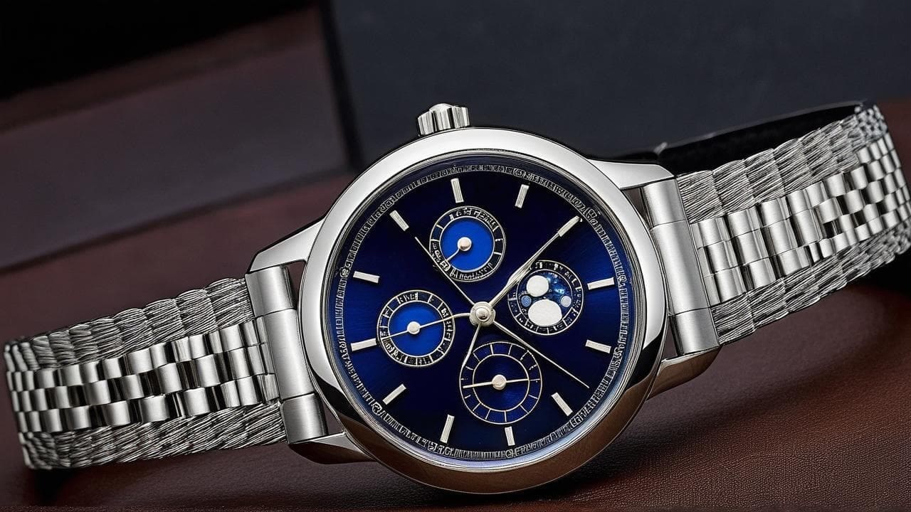 Steel watch with deep blue dial, moon phase display and three subdials