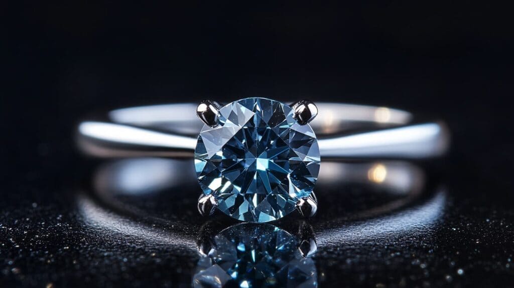 Elegant blue diamond engagement ring featuring a round-cut blue diamond set in a sleek, minimalist silver band on a dark reflective surface.