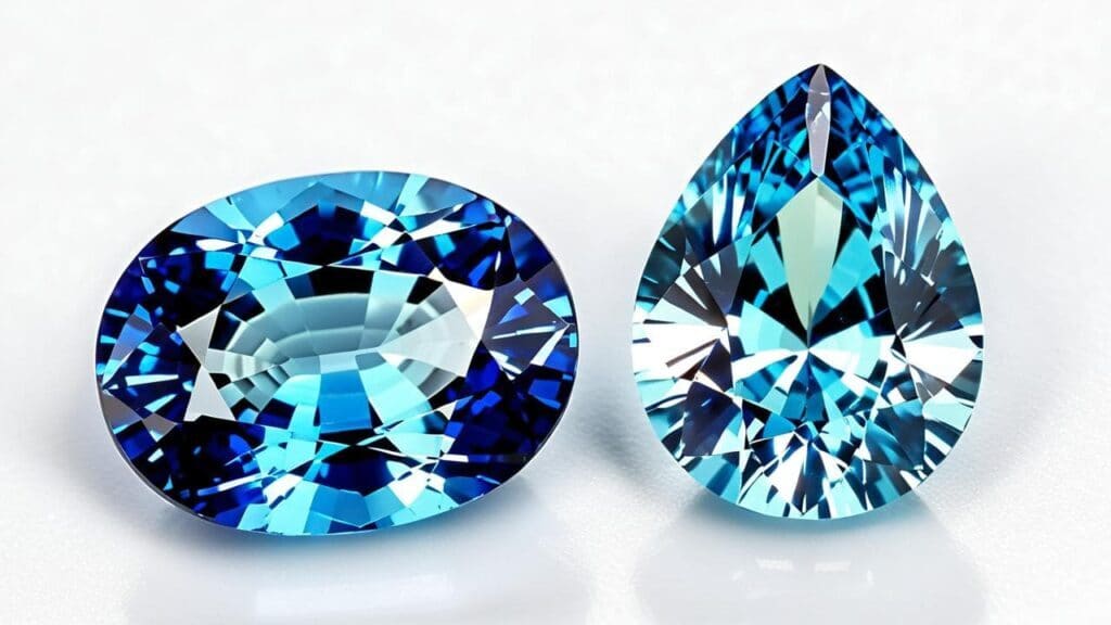 Two vibrant blue diffusion-treated sapphires in oval and pear shapes, reflecting light and showcasing enhanced color saturation.