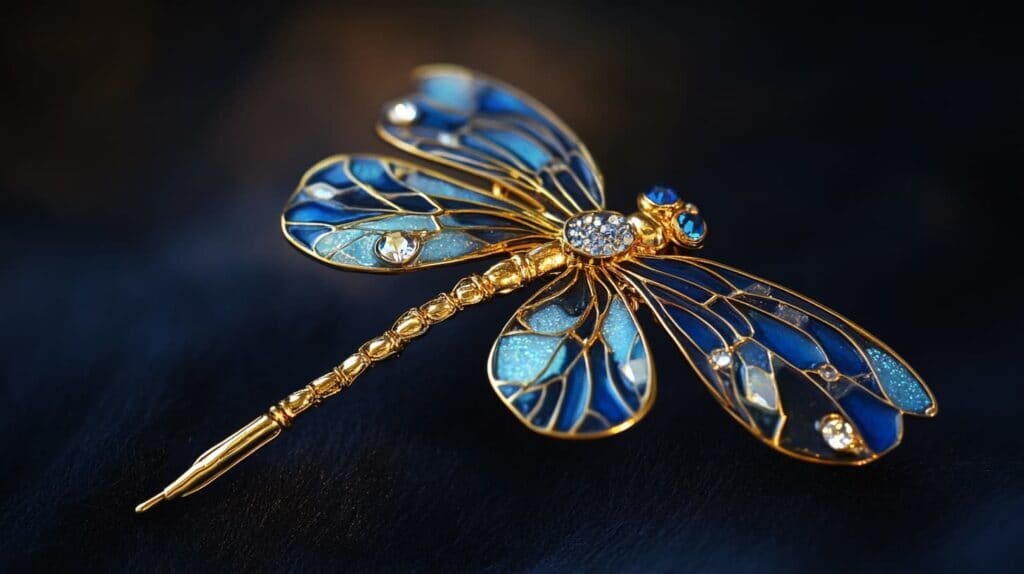Exquisite Japanese hairpin with a blue enamel dragonfly design, adorned with crystals, symbolizing grace and cultural artistry.
