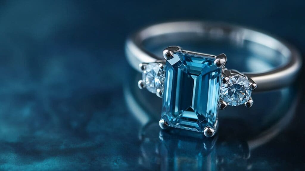 Beautiful emerald-cut blue gahnite ring with two accent diamonds on a silver band, showcasing a deep blue hue.