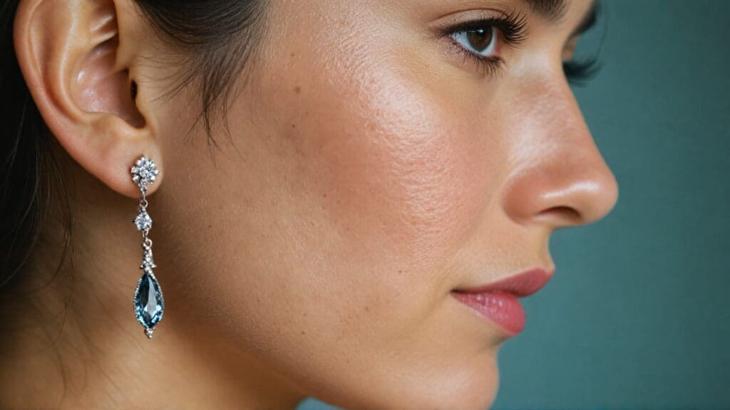 Profile view of woman wearing blue gemstone drop earrings perfect for semi-formal occasions