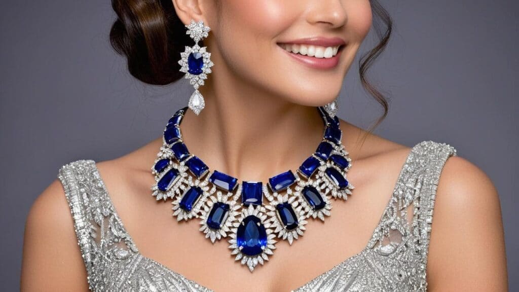 Elegant woman in silver outfit wearing bold blue gemstone necklace with matching drop earrings, ideal for festive evening celebrations