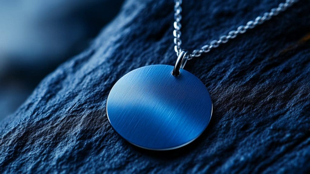 Round pendant necklace crafted from blue gold, showcasing a brushed matte finish and modern minimalist design on a dark background.