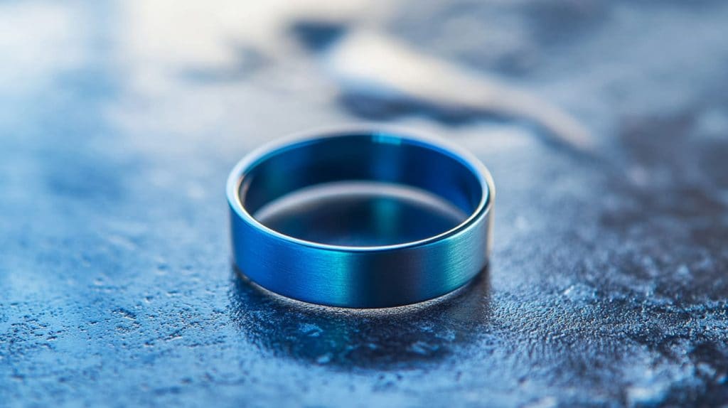 Elegant blue gold ring placed on a textured surface, emphasizing the alloy's vibrant blue color achieved through unique crystal structures.