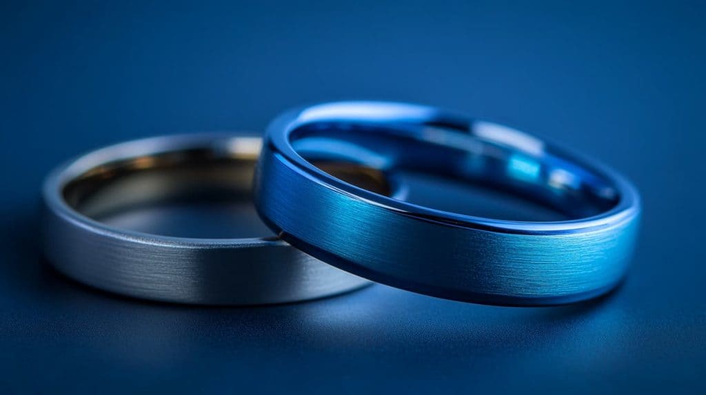 Side-by-side comparison of a blue gold ring and a silver ring, highlighting the striking color contrast and smooth brushed finishes.