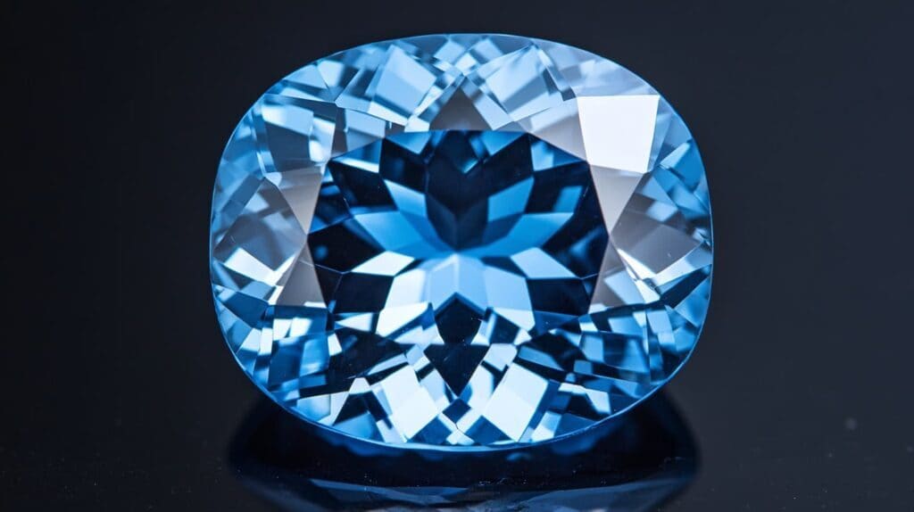 A cushion-cut blue Jeremejevite gemstone, displaying its flawless crystal clarity and brilliance against a black background.