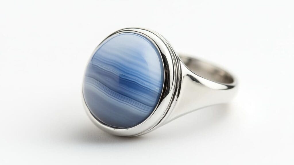 Sophisticated blue lace agate gemstone set in a polished silver ring, featuring delicate parallel bands and a modern design.