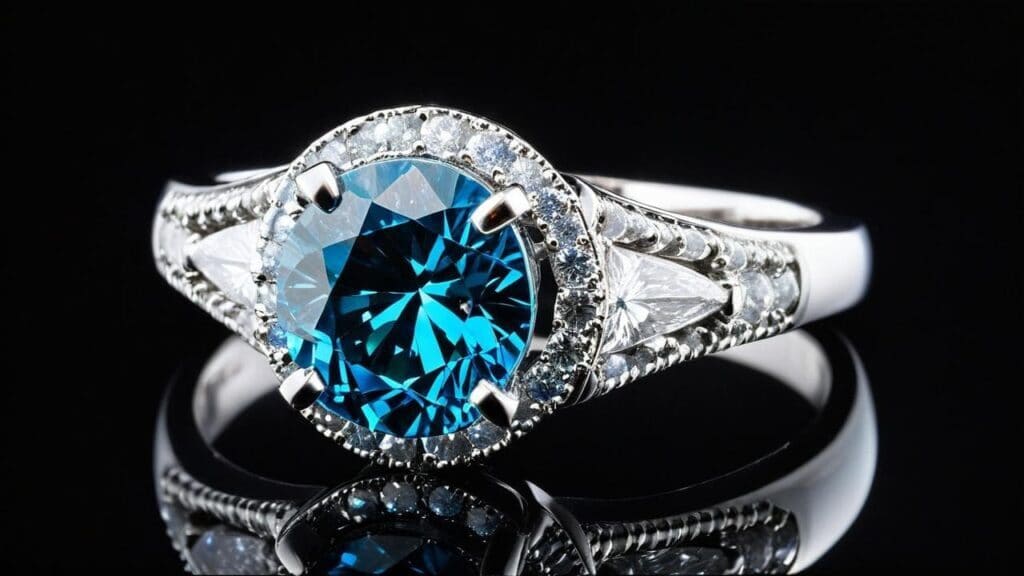 A stunning blue memorial diamond ring with a halo setting and intricate side stones, symbolizing the transformation of a loved one's remains into a brilliant gemstone.