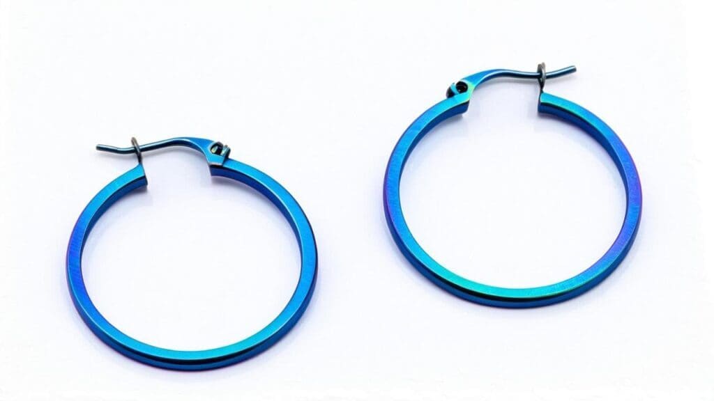 A pair of blue anodized niobium hoop earrings with a metallic sheen, designed for sensitive ears and showcasing the metal’s vibrant color variations.