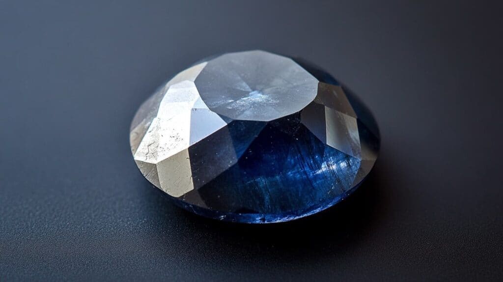 A loose blue rose cut gemstone showcasing its flat base and faceted domed crown on a dark surface.