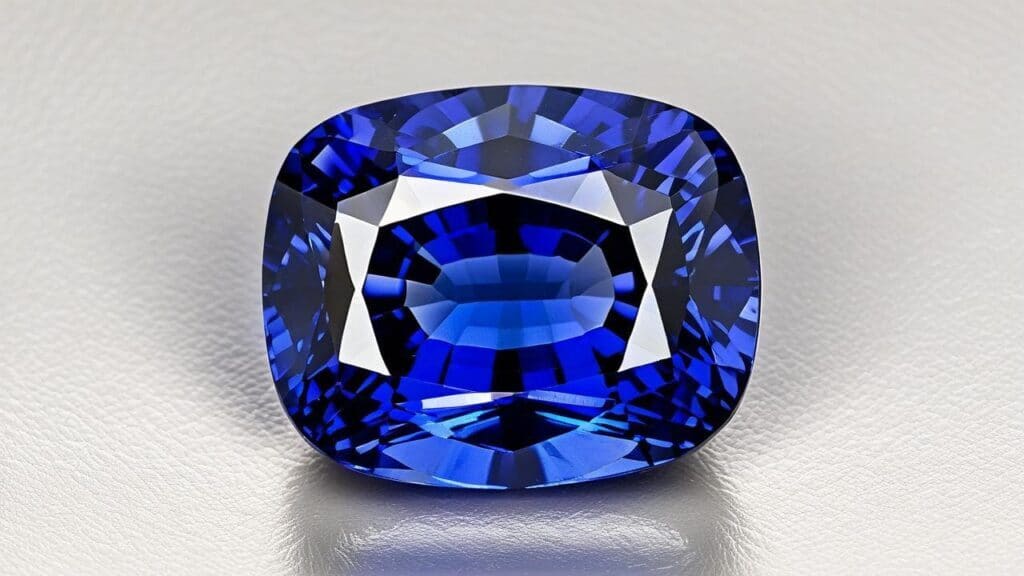 Deep blue cushion-cut sapphire gemstone showcasing vibrant color and clarity