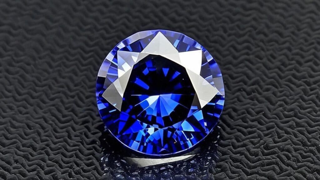 A round brilliant-cut blue sapphire gemstone, known for its deep color and durability, making it a valuable addition to any gemstone collection.