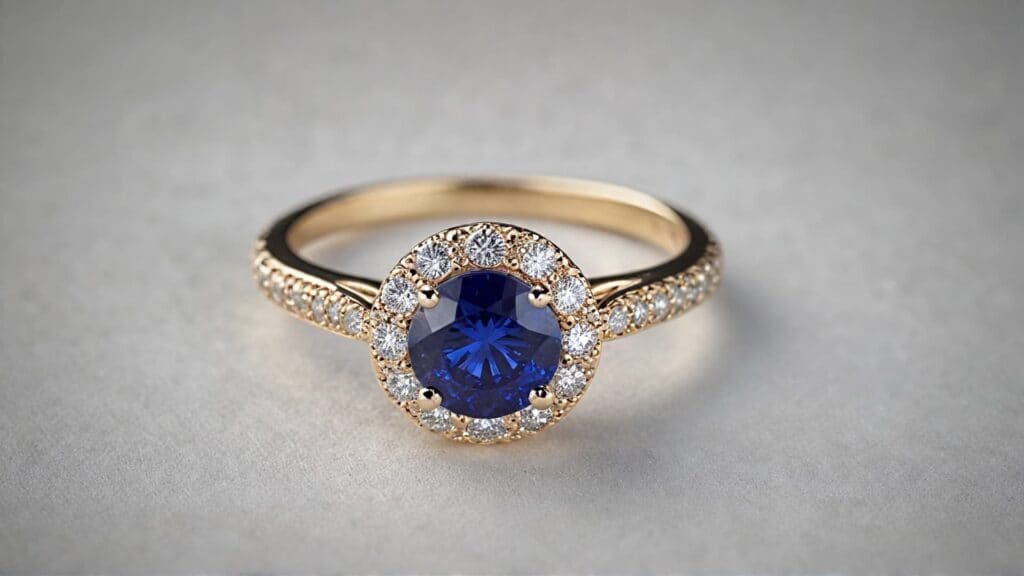 Stunning blue sapphire engagement ring with a diamond halo and pave-set diamonds on a gold band for added brilliance.