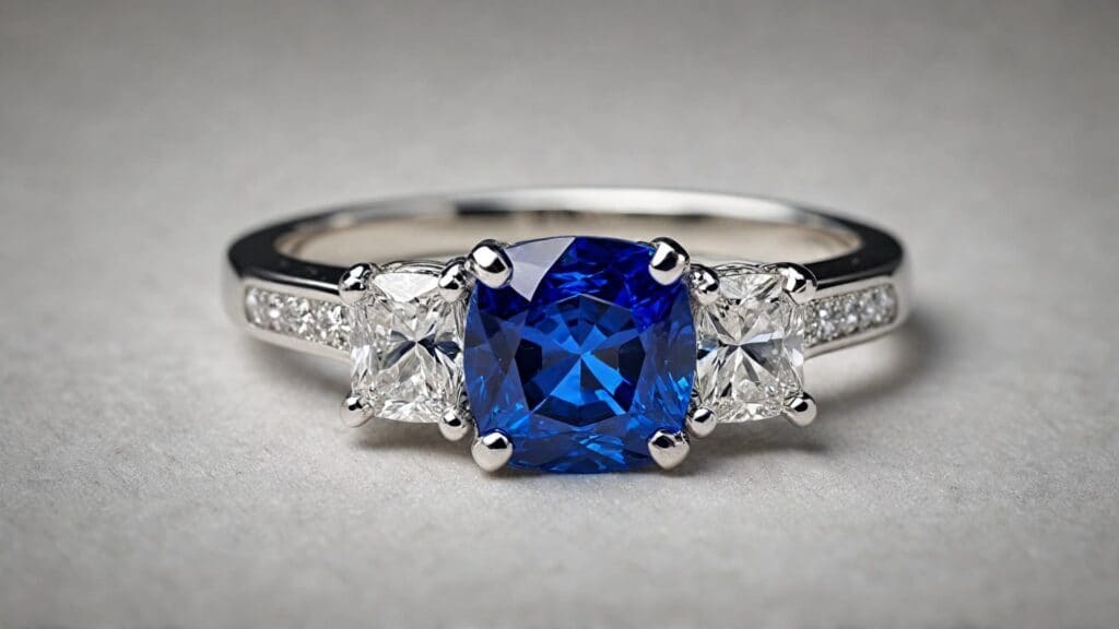 Three-stone engagement ring featuring a cushion-cut blue sapphire center stone with two radiant-cut diamonds on a platinum band.
