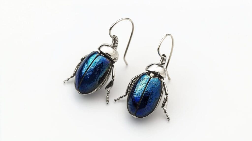 Modern silver scarab earrings featuring glossy blue enamel, inspired by ancient Egyptian beetle symbols of protection and rebirth.