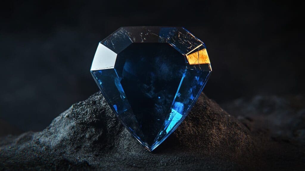 A stunning blue shield cut gemstone resting on a dark textured surface, showcasing its intricate faceting and deep color.