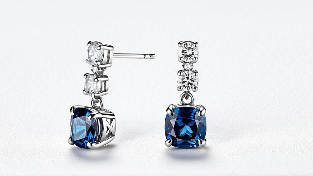 Elegant drop earrings featuring cushion cut blue spinel gemstones and round diamonds in white gold