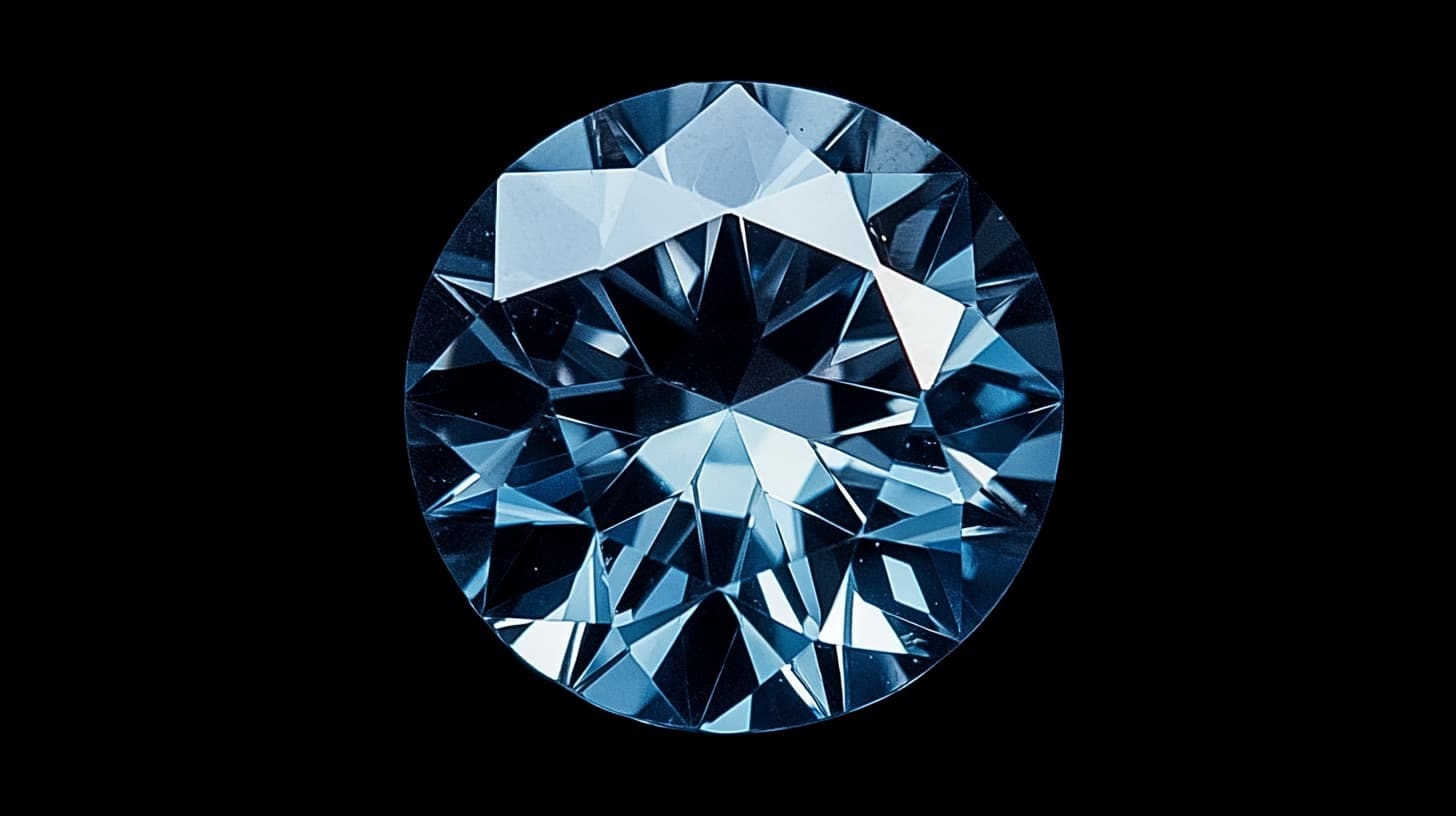 Round-cut steel blue spinel filling the frame on a black background