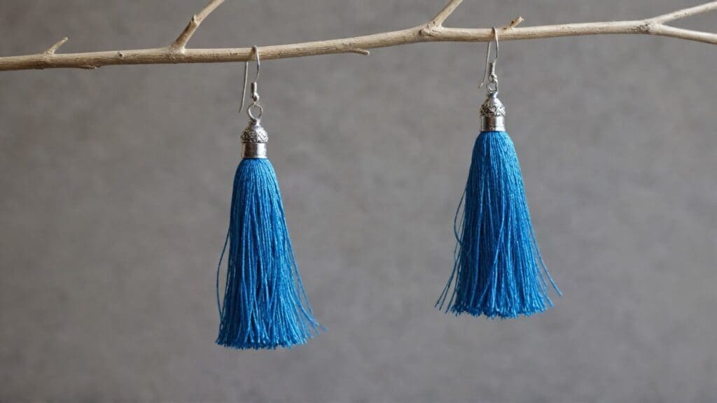 A pair of blue thread tassel earrings with silver decorative caps, hanging from a natural wooden branch, highlighting their handcrafted and elegant appeal.