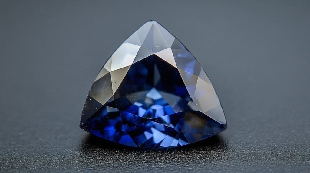 A stunning blue trillion-cut gemstone with sharp facets, displayed on a dark surface.