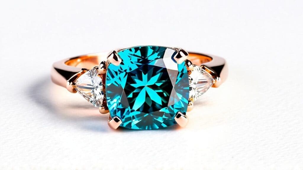 Rose gold ring featuring a vivid blue zircon center stone flanked by trillion-cut diamonds, showcasing zircon's brilliance as a December birthstone.