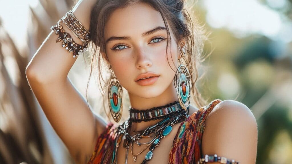 Bohemian-style jewelry with layered necklaces and turquoise statement earrings, ideal for expressing a free-spirited personal style.