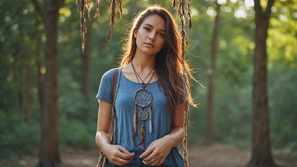 Woman in a natural outdoor setting wearing a layered dreamcatcher necklace with feathers and beads, styled with a casual bohemian outfit.