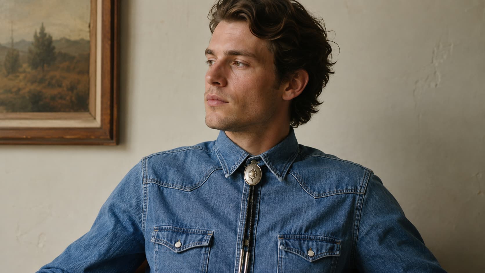 Bolo tie worn with a denim western shirt