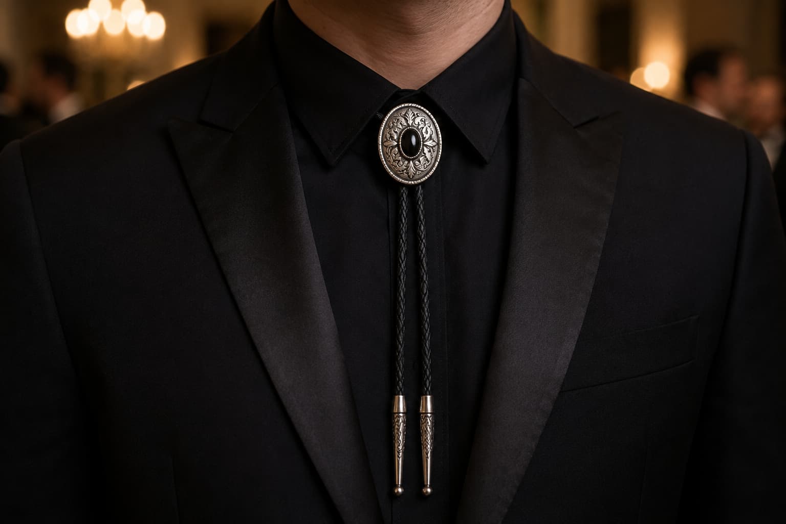 Bolo tie worn with a black suit at a formal event