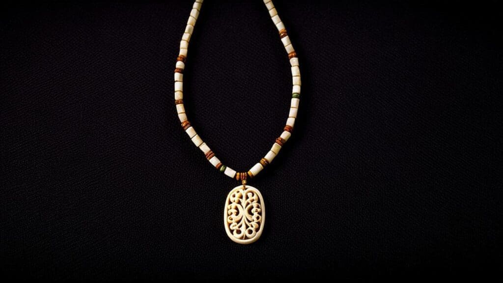 Ethnic-style bone pendant necklace featuring cylindrical bone beads and a carved central pendant, laid on a black fabric background
