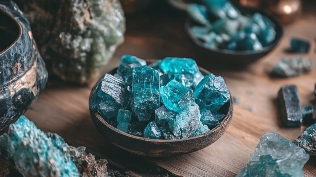 A collection of blue-green Boracite crystal specimens placed in a rustic wooden bowl, surrounded by additional mineral samples on a wooden surface.