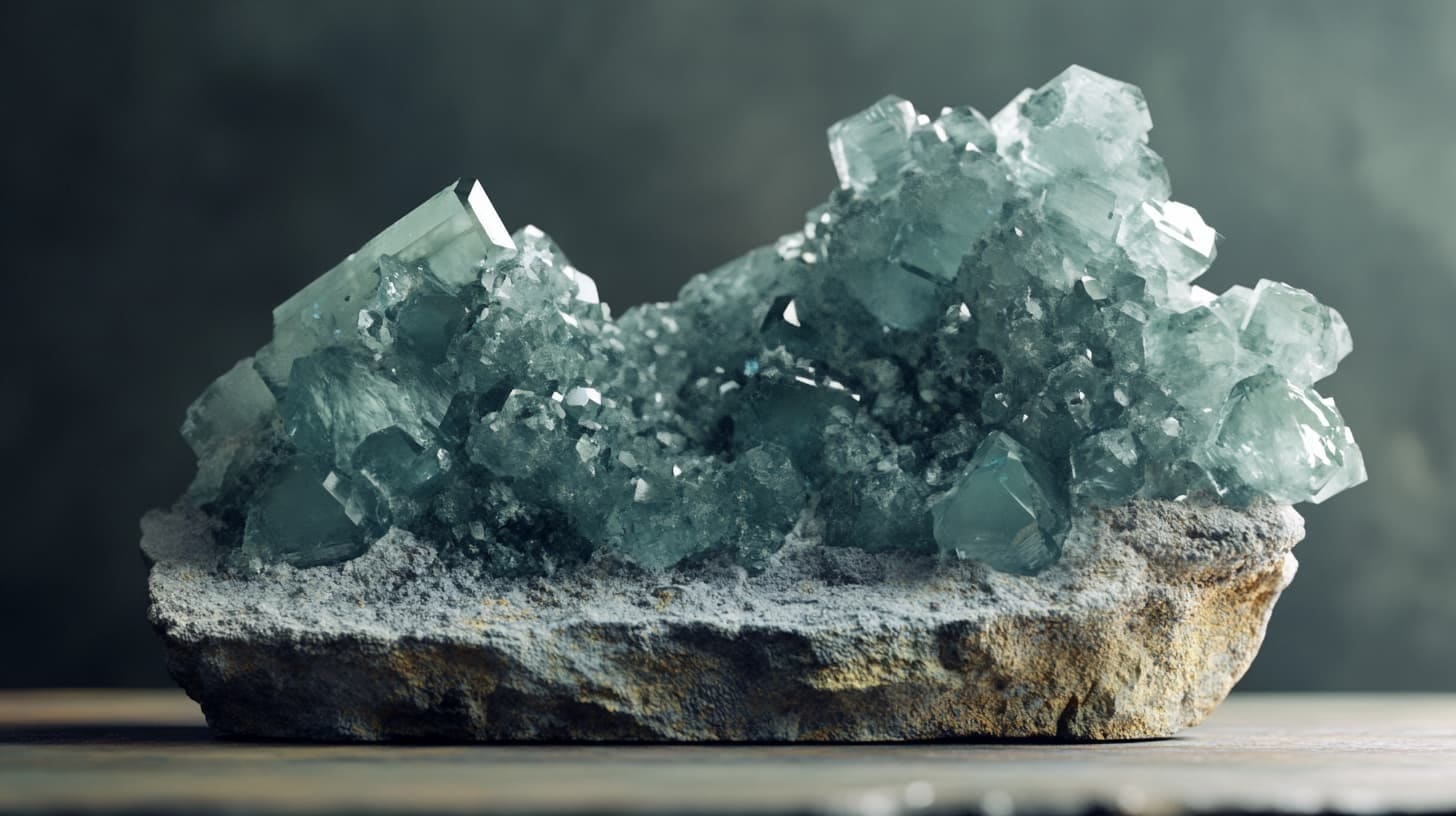 Cluster of pale green boracite crystals on a rough rock base