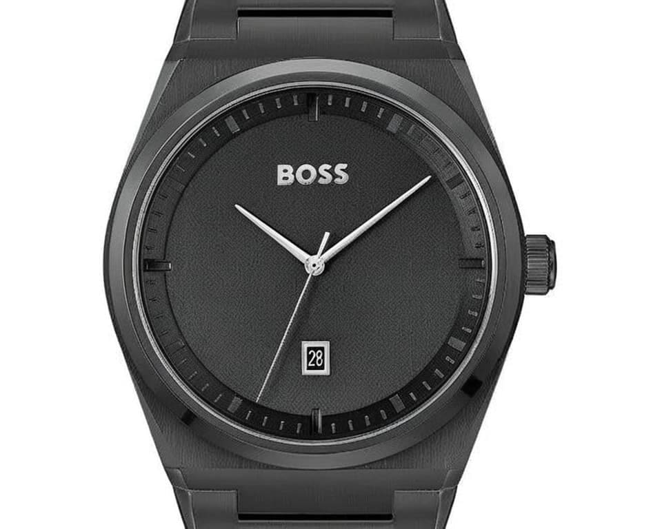 Boss watch featuring black dial with gunmetal case and steel bracelet, displaying contemporary three-hand design with date function
