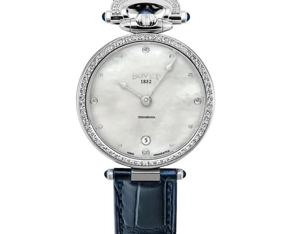 Bovet 1822 Miss Audrey ladies watch with white mother-of-pearl dial, diamond-set bezel, stainless steel case and blue leather strap