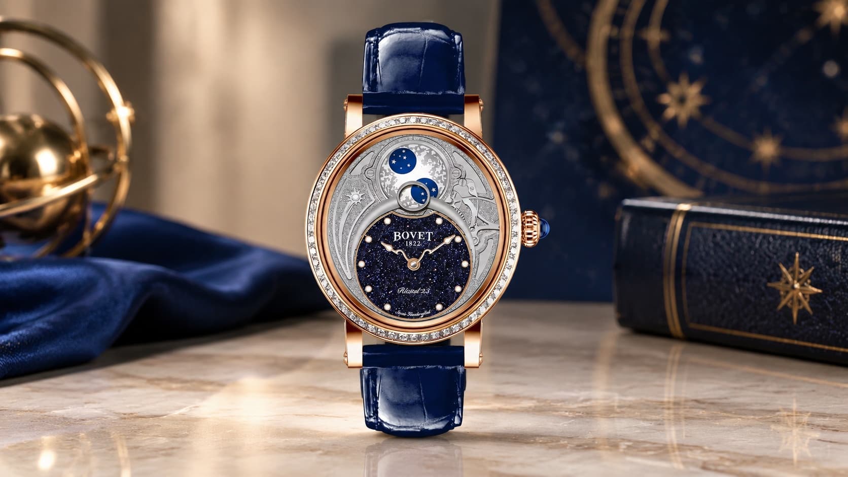 Bovet Récital 23 moon phase watch in 18K rose gold with blue leather strap