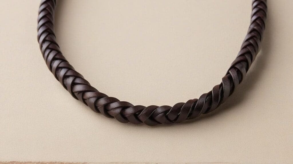 Intricate braided dark brown leather necklace showing detailed weaving pattern and smooth finish