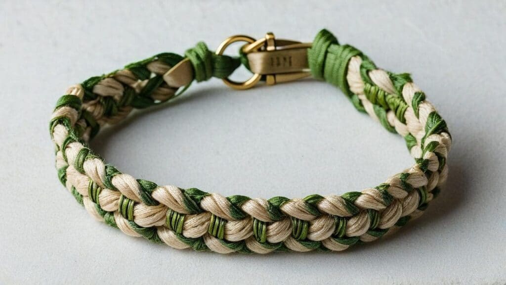 Braided hemp bracelet featuring green and beige hemp cord with brass metal clasp