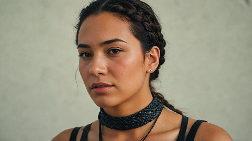 Woman wearing a black braided leather choker necklace with a stylish braided hairstyle, dressed in a black top.