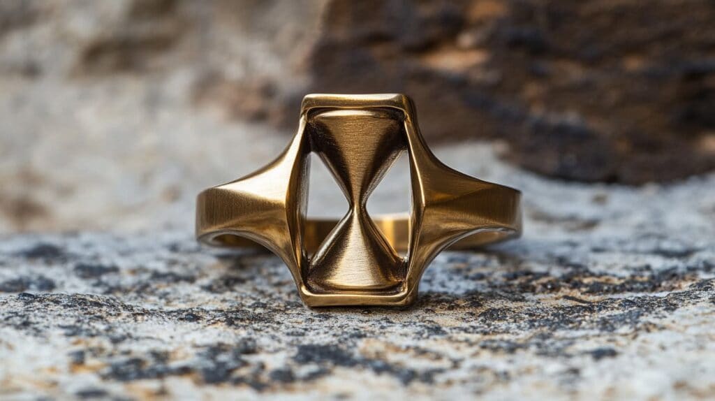 Brass hourglass-shaped ring with a sleek modern design, symbolizing balance and timeless beauty in contemporary jewelry.