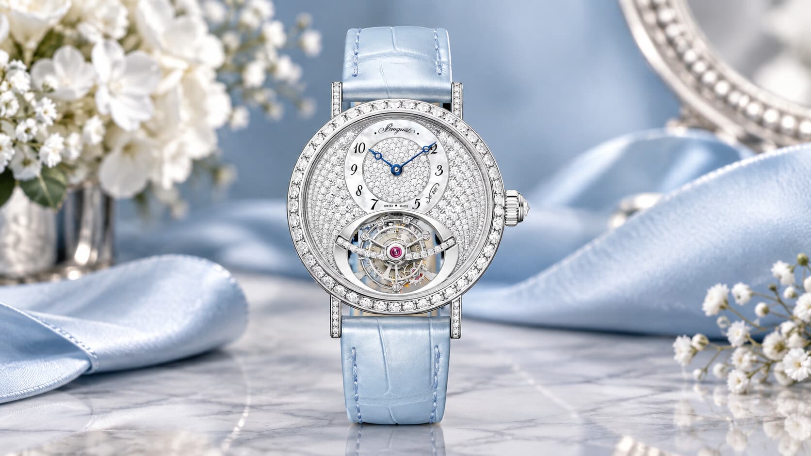 Breguet Classique Tourbillon 3358 with a diamond-paved dial and pale blue alligator strap