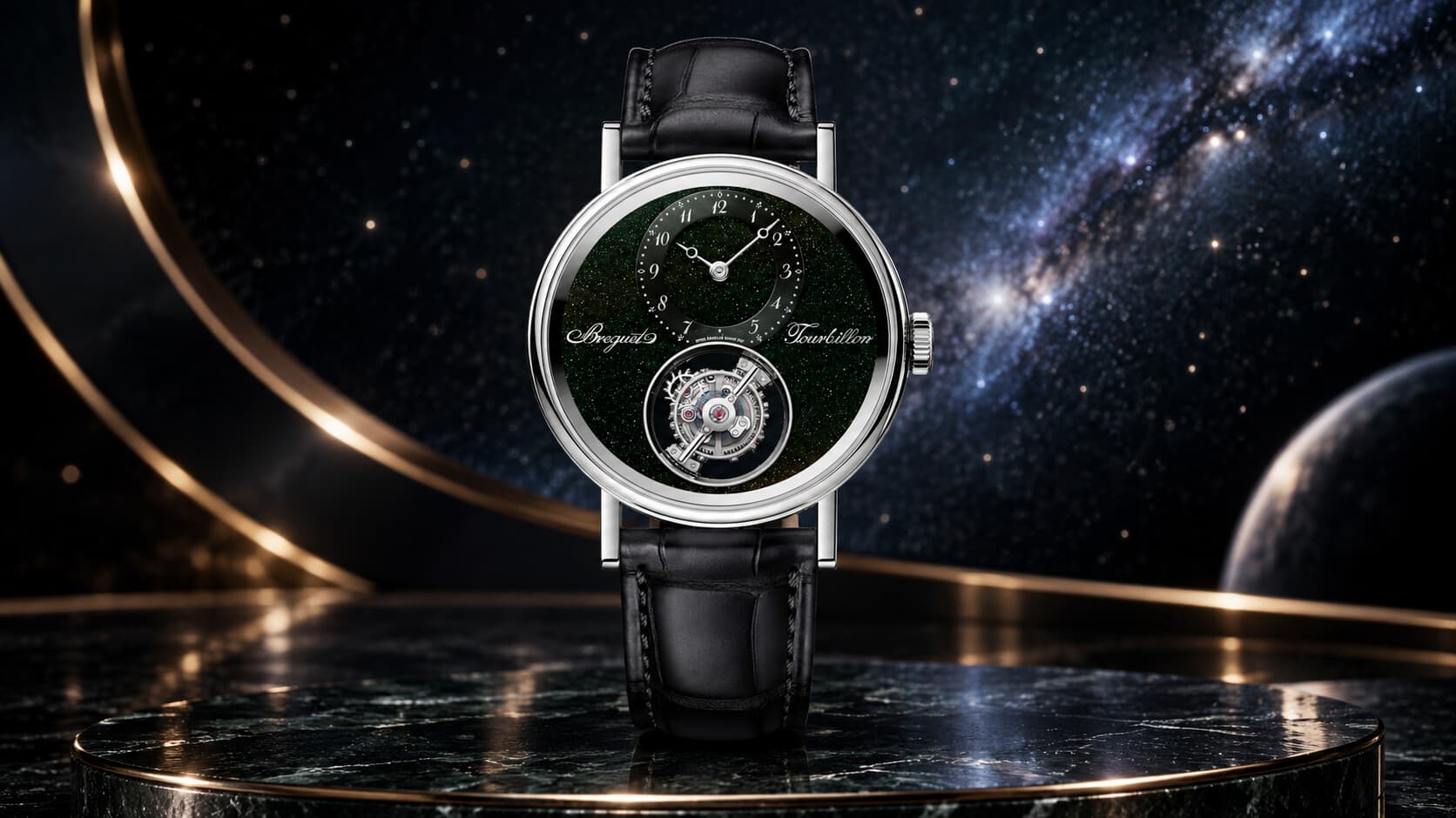 Breguet Classique Tourbillon Sidéral 7255 with a green aventurine dial on a black leather strap