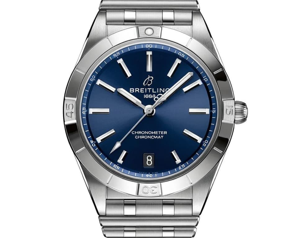 Breitling Chronomat sports watch featuring blue dial and stainless steel bracelet with distinctive rider tabs bezel