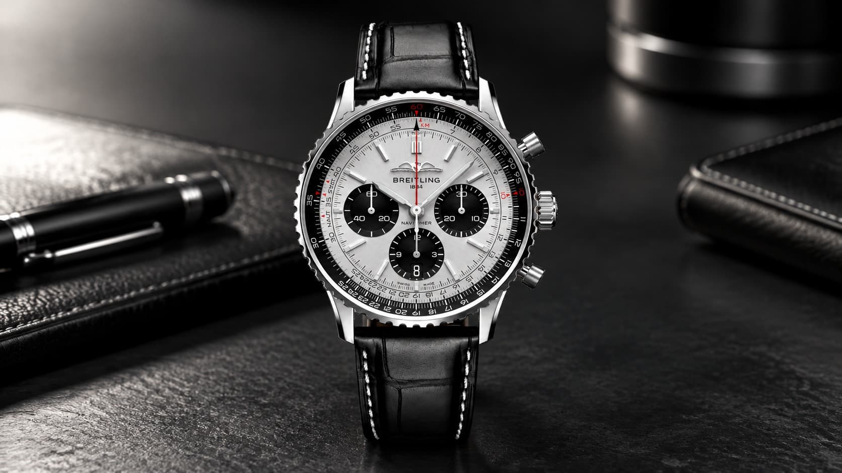 Breitling Navitimer B01 Chronograph 43 with black leather strap and slide rule bezel