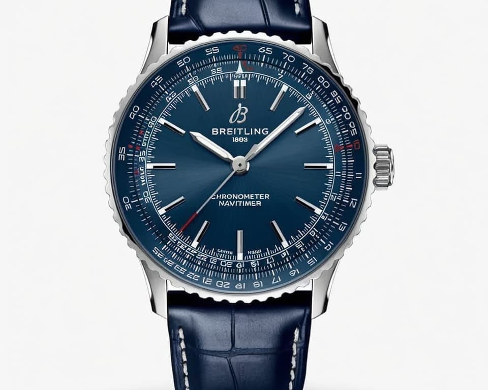 Breitling Navitimer with blue dial, slide-rule bezel and blue alligator strap
